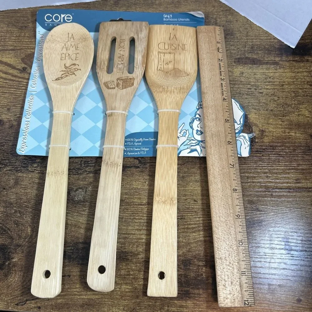 Core Bamboo Utensils Set of 3 Expressions French Engraved Kitchen Tools New